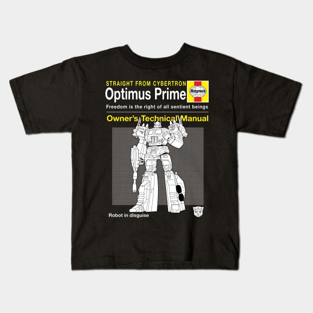 Optimus Prime Haynes Manual Transformers Kids T-Shirt by Bevatron